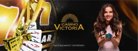 Banner de Casino Victoria con dados dorados, cartas, fichas y una tragamonedas