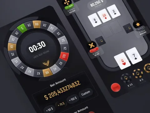 Pantallas de una aplicación de casino: rueda de multiplicadores, mesa de póker y selector de monto de apuesta